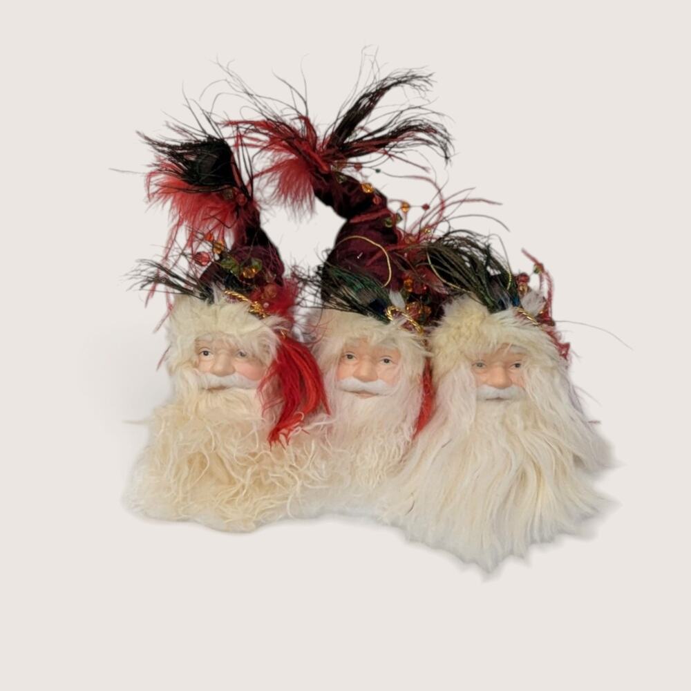 Vintage Santa Head Ornaments Set 3 Feathery Hats Burgundy Christmas Decor